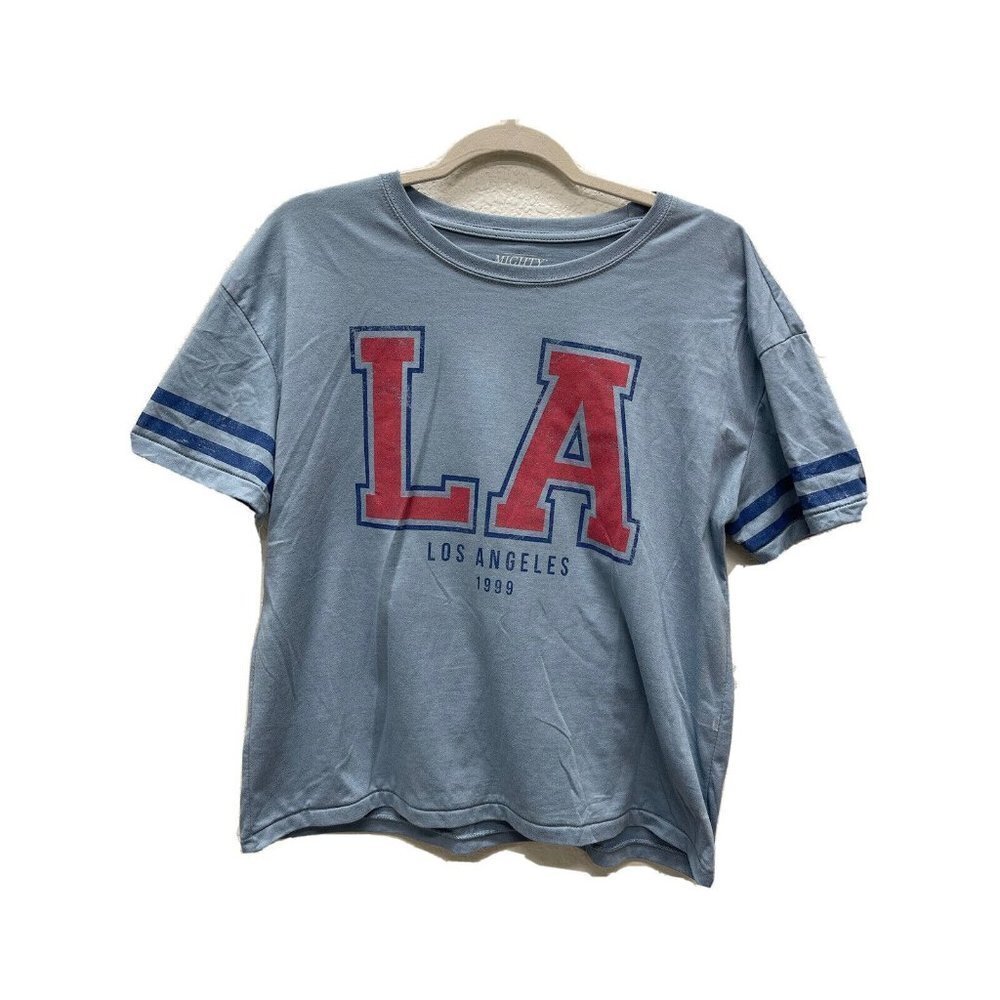 Mighty Fine Womens T Shirt Size Large L Blue LA Los Angeles Boxy Fit Top Red